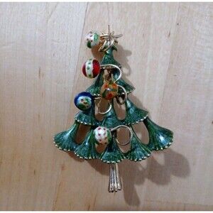 Whimsical Enamel Gold Tone Green Christmas Tree Brooch Star & Ornaments